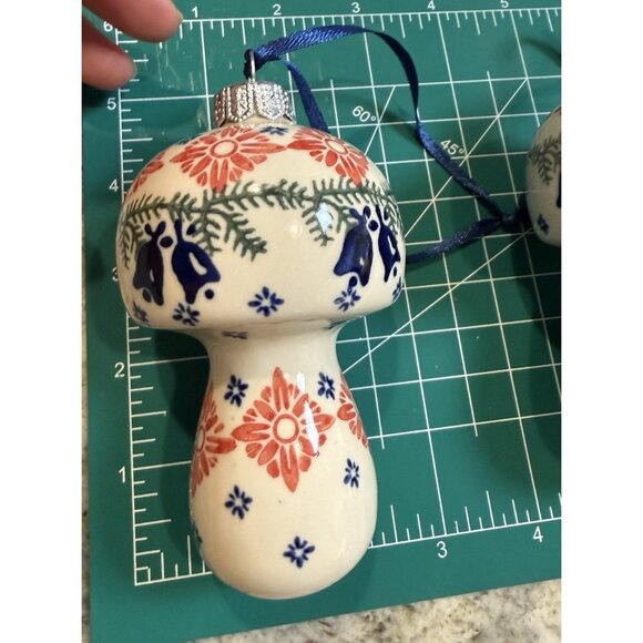 2 Handpainted Boleslawiec Poland Pottery Puffy MUSHROOM Christmas Tree Ornament - Picture 5 of 6